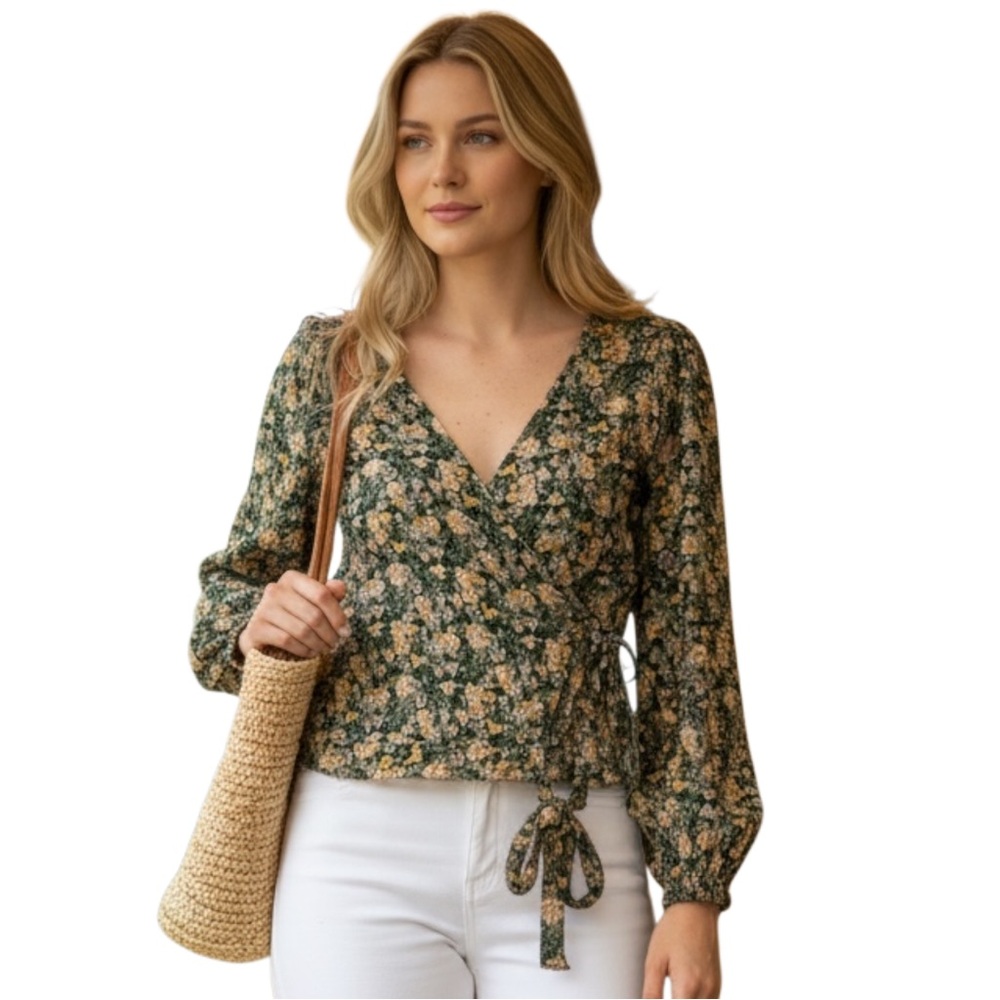 American Eagle Outfitters Floral Wrap Blouse, V-Neck, Tie Closure, Green, Szโ SP